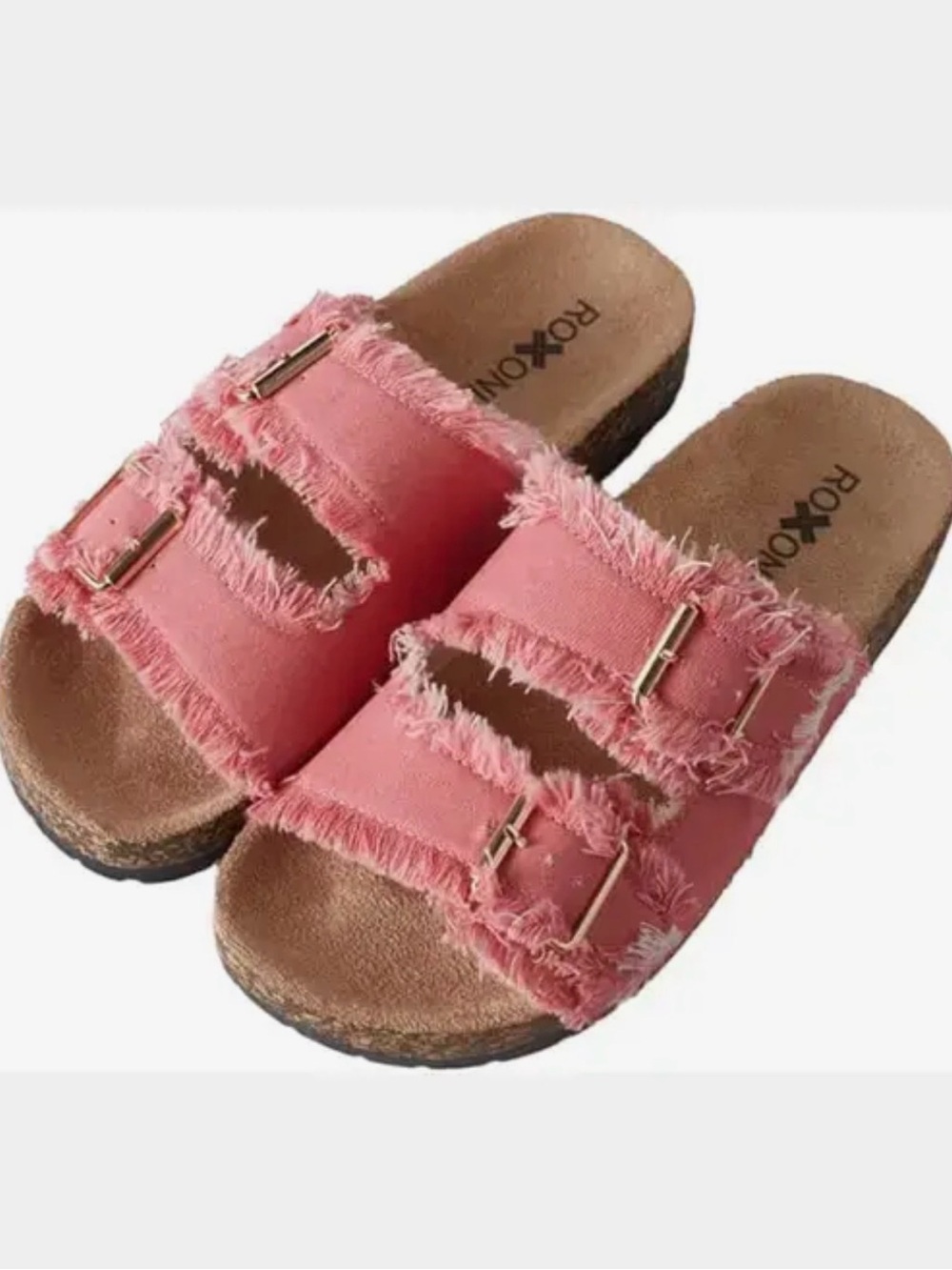 Roxoni Pink Frayed Double-Strap Slide Sandals